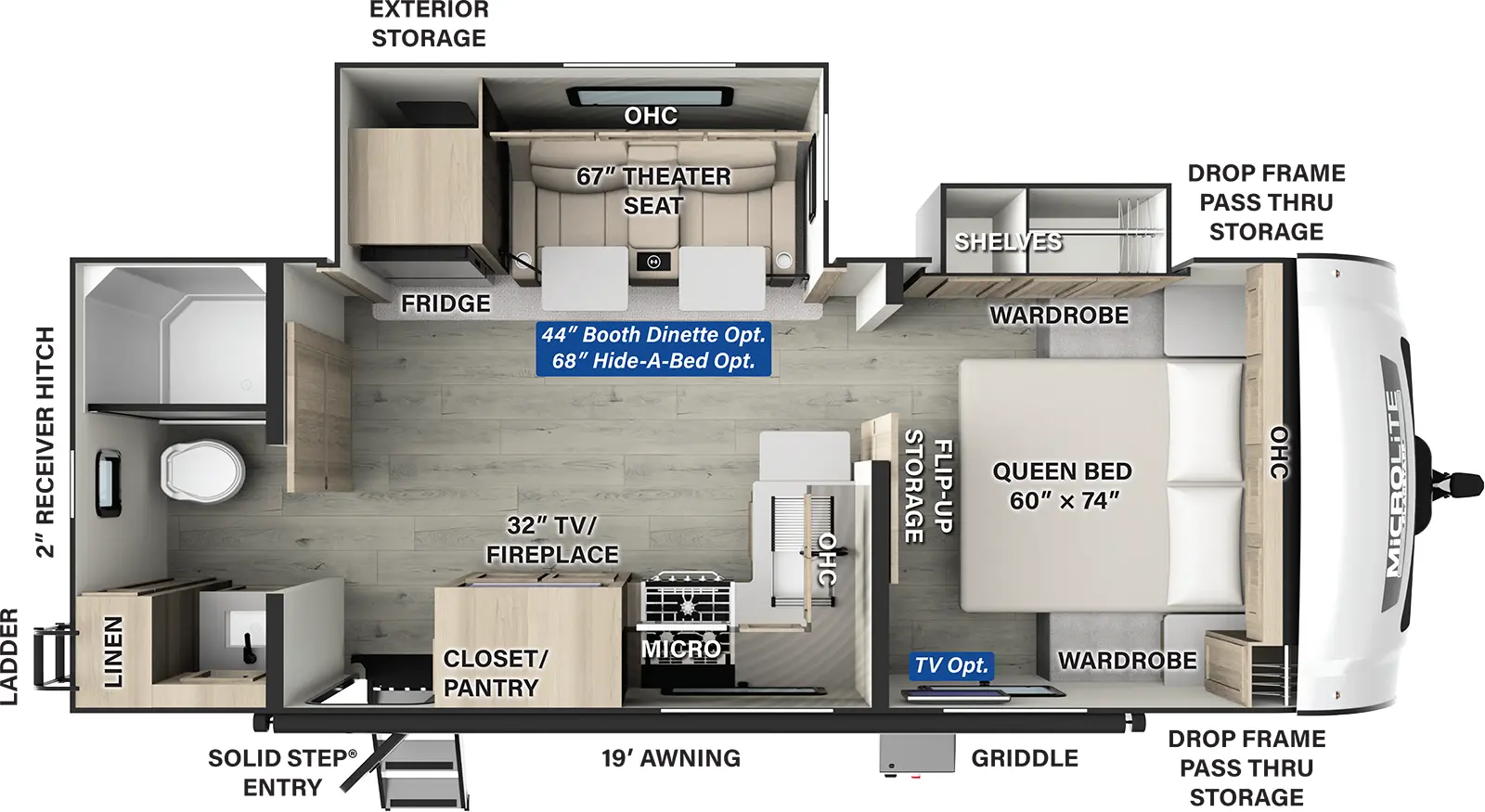 The Flagstaff Micro Lite 25FBLS has one entry and two slide outs. Exterior features include: fiberglass exterior and 19' awning. Interiors features include: front bedroom and rear bathroom.